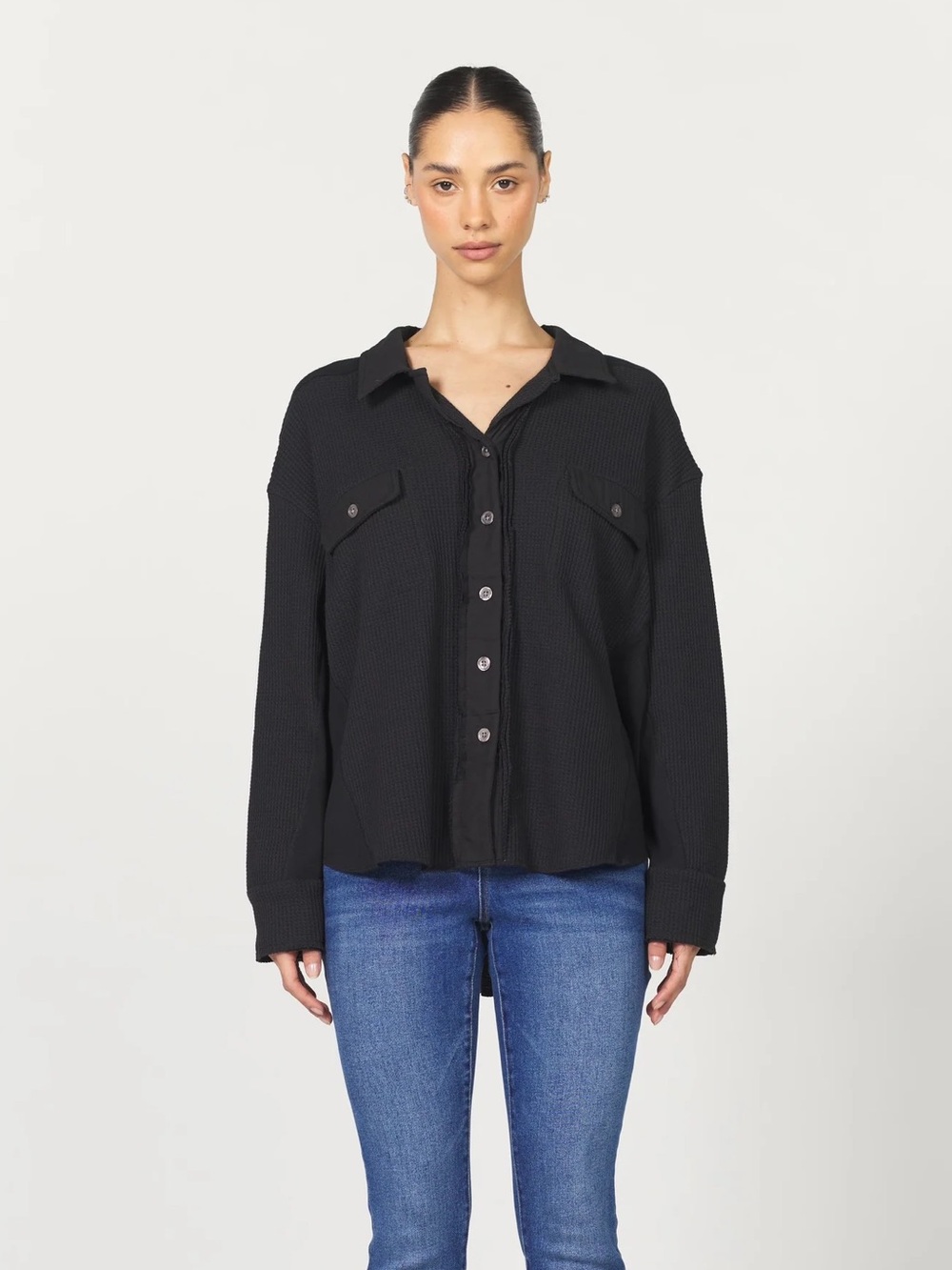 Dear John Black Button-Down Waffle Knit Shirt jacket